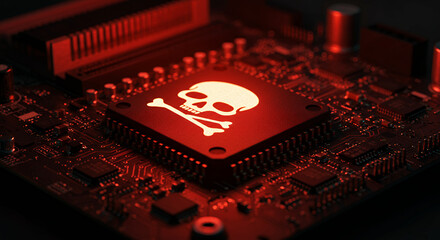 Digital Threat: Skull & Bones on Circuit Board - Cyber Security Alert! Malware, Virus, & Hacking Danger on Electronic Device