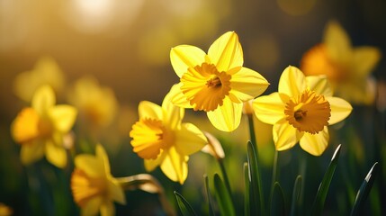 Obraz premium Amazing yellow huge bright daffodils in sunlight. Close-up, macro, perfect image for greeting card, spring background.