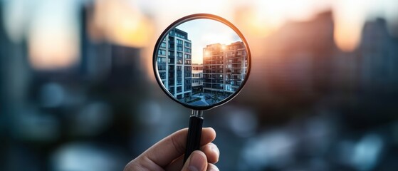Hand holding magnet with cityscape background searching for real estate in apartment building