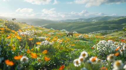 Fototapeta premium Scenic wildflower meadow with colorful blooms, rolling green hills, grazing sheep, and a bright sky with fluffy clouds on a sunny day.
