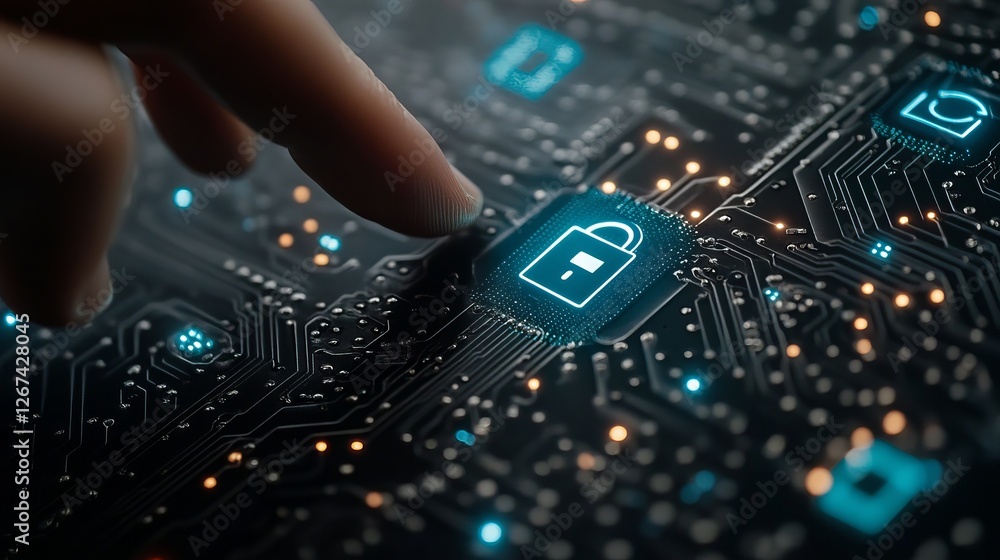 Poster cybersecurity digital lock technology abstract background secure data protection network digital fin
