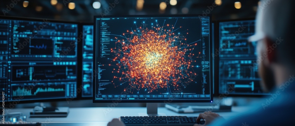 Poster man observing multiple computer screens in a security control room environment