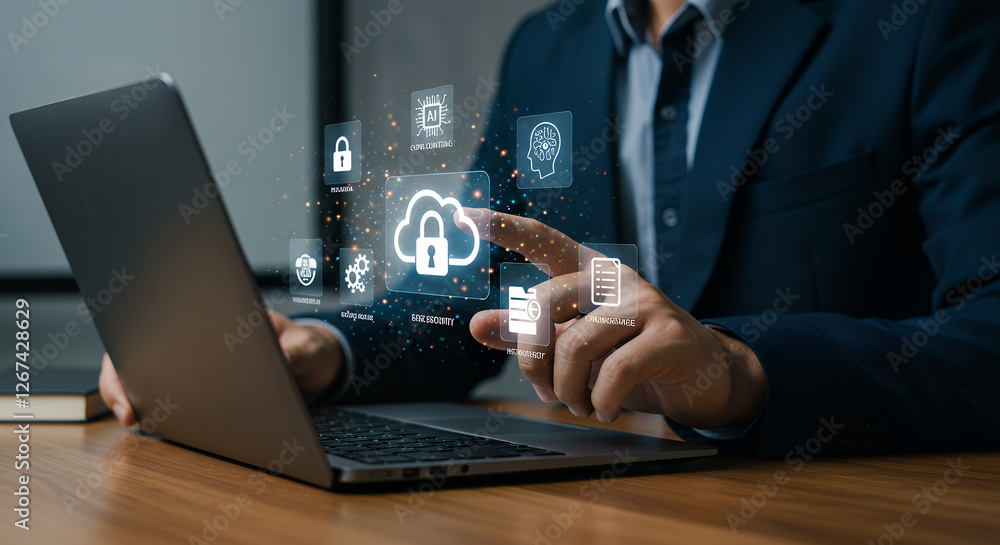 Poster securing tomorrow: man navigates cloud security via ai-powered interface on laptop. data privacy & d