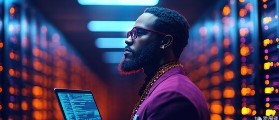 Serious man with beard and glasses working on laptop in modern office environment