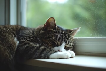 Peaceful Tabby Nap: A tabby cat, curled up and sleeping soundly on a windowsill, enjoying a peaceful nap in the sun. The soft light creates a serene and calming atmosphere.