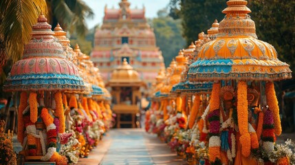 Fototapeta premium Decorated temple with colorful umbrellas and flowers for Tamil New Year