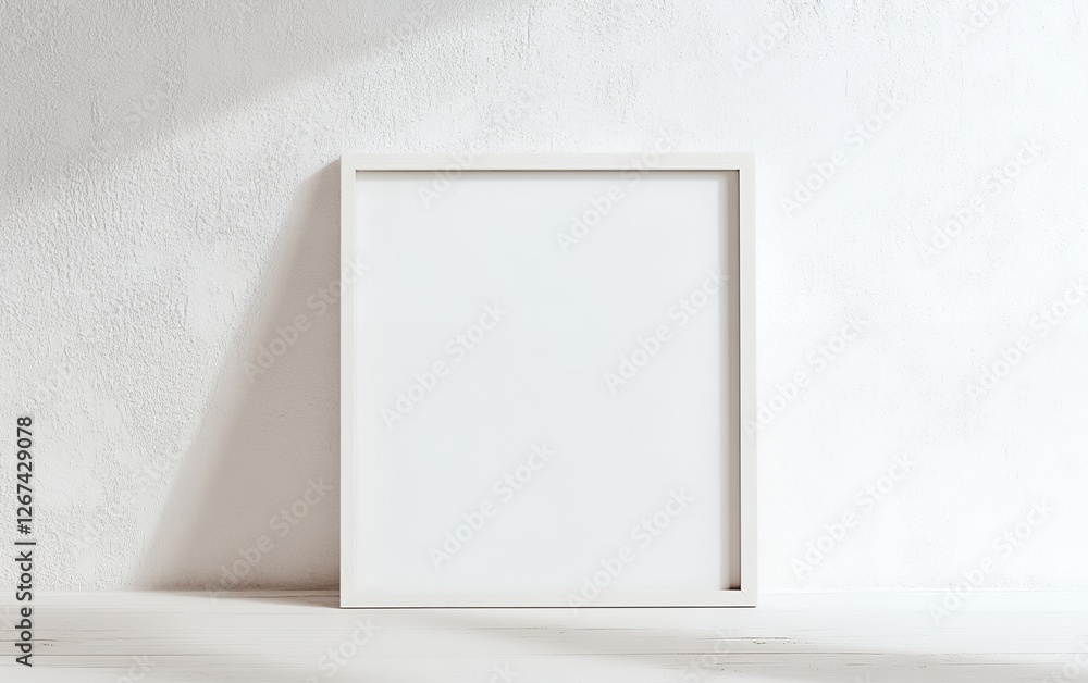 Poster minimalist white square frame against a bright textured wall with soft sunlight shadows creating a c