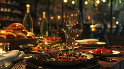 A cozy dinner setup with a wine glass for dinner, surrounded by gourmet dishes,