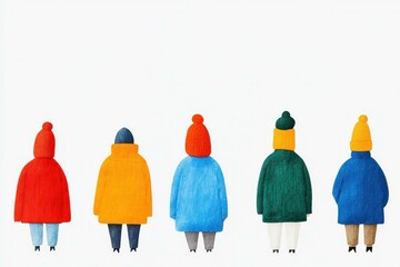 Colorful winter illustration of people in bright sweaters and hats, showcasing emotion and diversity in seasonal attire