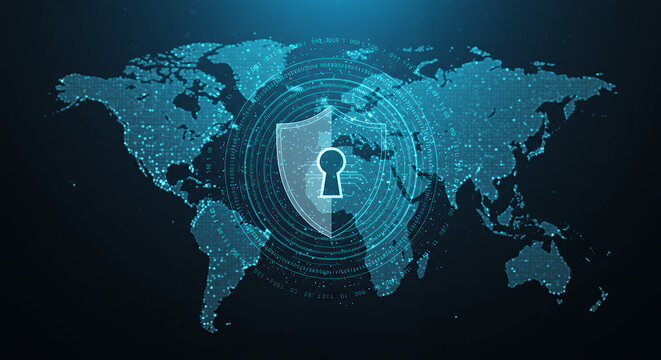 Global Cybersecurity: Secure World Map with Shield & Keyhole. Digital Protection, Cyber Security & Data Privacy Concept for Modern Business.