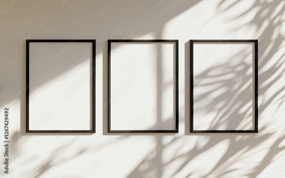 Poster three vertical black frames hanging on a neutral wall with soft shadows for a minimalist art display