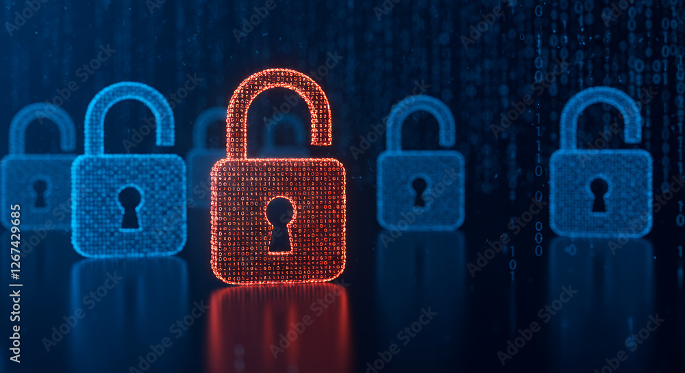 Poster cybersecurity breach: open lock & closed padlocks with binary code. data security, privacy threat, e