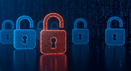 Cybersecurity Breach: Open Lock & Closed Padlocks with Binary Code. Data Security, Privacy Threat, Encryption, Virus & Hacker Protection Concept