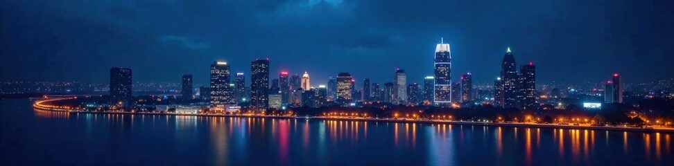 Obraz premium nighttime city view with bright lights and abstract circular lights effect on a dark blue sky, urbanatnight, darkblue, lights