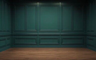 Luxury classic dark green panel wall with wooden floor in elegant interior design for sophisticated and timeless home decoration