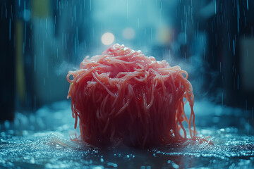 Ephemeral Feast, Steaming Noodles Bathed in Urban Rain's Blue Hues
