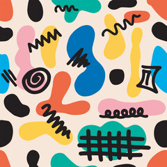 Colorful Seamless Abstract Pattern on White Background,  trendy design with basic shapes. Modern color wallpaper print backdrop.