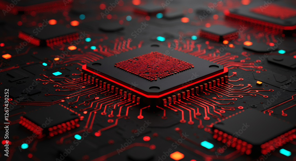 Poster illuminated circuits: red glow on black motherboard - tech innovation & future computing.