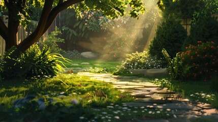 Fototapeta premium A cozy sunlight in backyard, with light filtering through trees and onto a garden path,