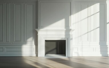 Fototapeta premium Elegant minimalist white fireplace in a classic luxury interior with decorative wall molding and natural sunlight creating soft shadows in a serene and sophisticated home setting