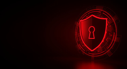 Red Tech Shield: Cyber Security Keyhole Protection - Digital Safety, Firewall Icon, Network Defense, Privacy Lock, Secure Data, Encryption