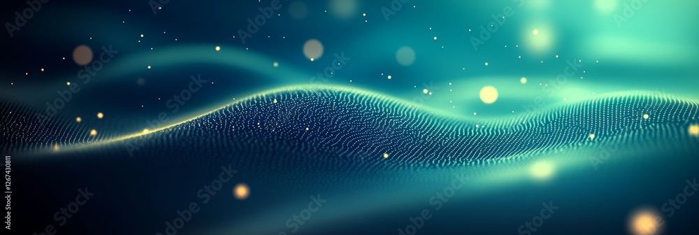 Aufkleber abstract emerald and cyan luminous wave with sparkling bokeh dots on a dark teal background