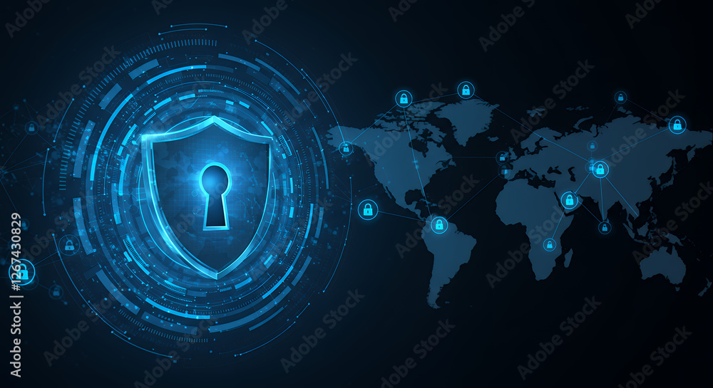 Poster global cyber security shield: secure network & data protection with lock key, digital world connecti