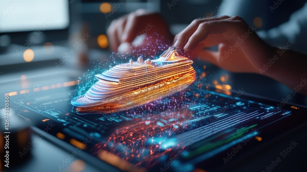 Poster person using a futuristic tablet surrounded by engineers and designers focusing on holographic techn