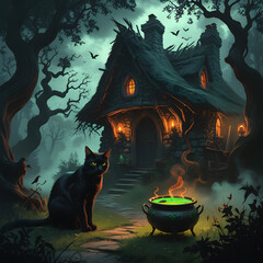 Step into the world of dark enchantment with this high-resolution digital painting of a gothic witch’s lair. Hidden deep in a haunted forest,