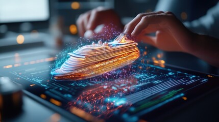 Person using a futuristic tablet surrounded by engineers and designers focusing on holographic technology