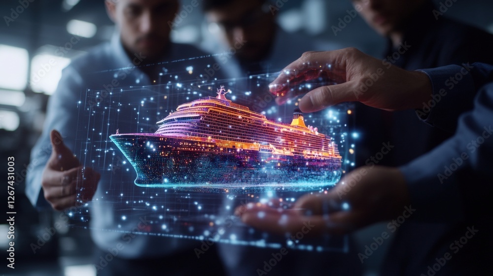 Poster man holding digital tablet with cruise ship displayed and engineers working on holographic design