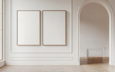 Minimalist modern classic interior with two large blank framed canvases on a white wall and elegant archway in a stylish sunlit luxury room