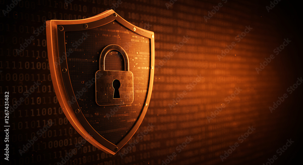 Poster cybersecurity shield: digital data protection with lock, security, and encryption against cyber thre