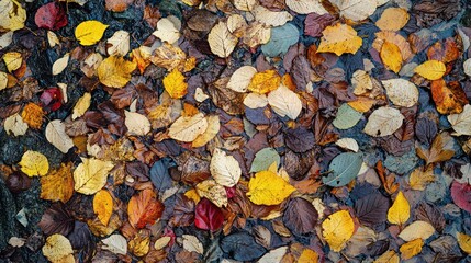Autumn leaves floating on water, forest floor background, nature texture, fall backdrop