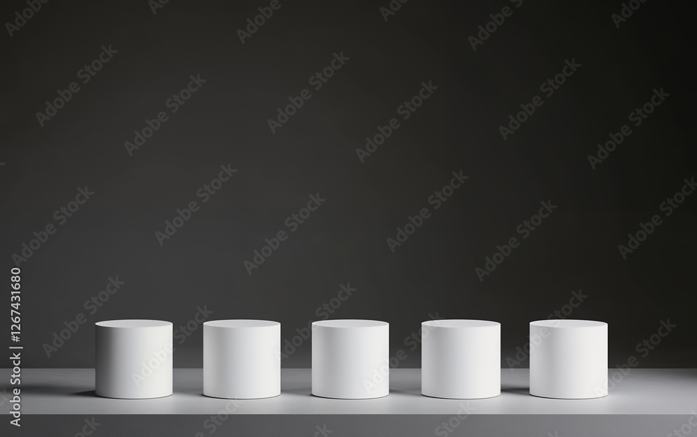 Aufkleber five white cylindrical display pedestals aligned on a light surface with a dark gradient background 