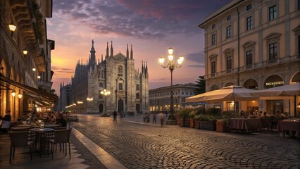 Obraz premium European city square at dusk, cobblestone streets, glowing street lamps, cafés with coffee drinkers, cathedral with intricate stonework, warm orange and purple sky. Ultra-detailed 8K.