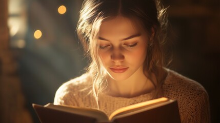 Woman reading book. Woman reading a book of bible. A young young ai is generated. A woman engrossed in a book lifestyle.