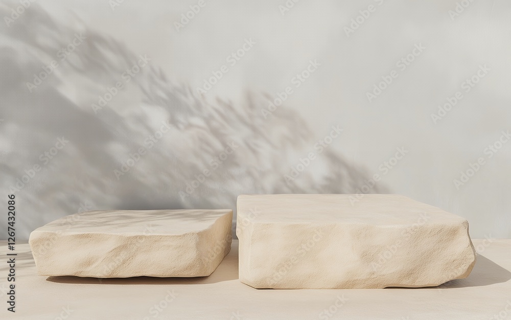 Poster minimalist natural stone pedestals in a neutral outdoor setting with soft sunlight and shadows creat