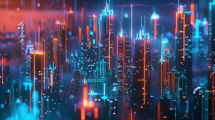 Obraz premium Futuristic cityscape at night with a stunning illuminated skyline of towering skyscrapers and glowing neon lights in a vibrant digital and technologically advanced metropolitan area