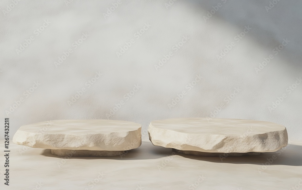Aufkleber rustic natural stone display pedestals with rough textures in a minimalist setting with soft light a