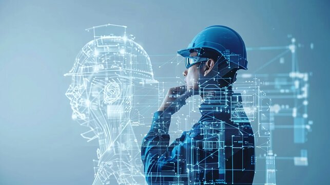 Futuristic engineer wearing virtual reality headset exploring innovative digital technologies data analytics and intelligence  Concept of technological progress innovation and scientific advancements