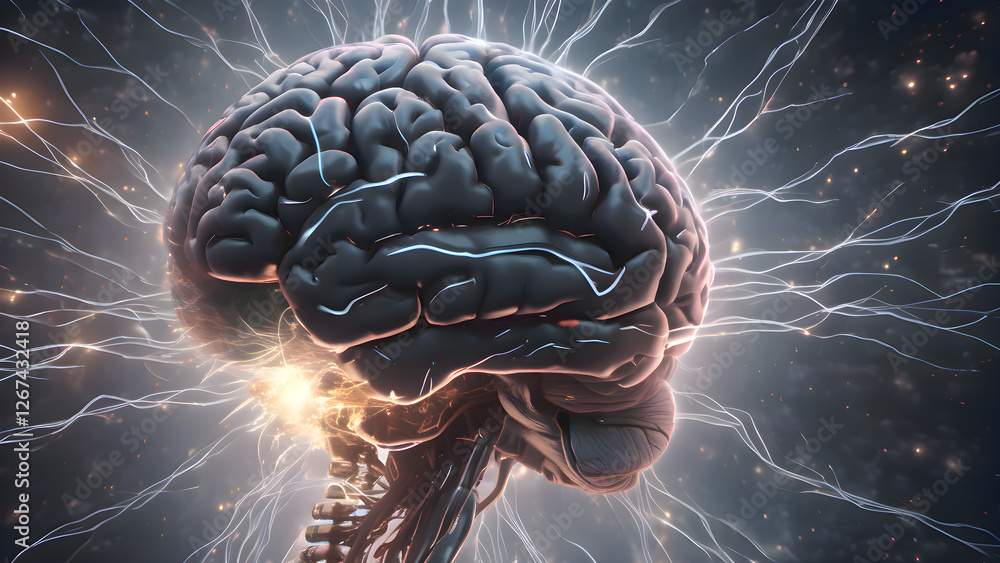 Poster futuristic digital rendering of a brain with neural sparks