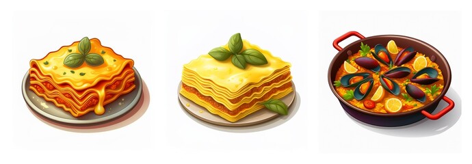 Three food illustrations: two lasagna portions garnished with basil on plates, and a paella in a pan with mussels, lemon, and parsley.