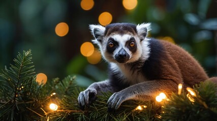 A close-up of a lemur resting on greenery with soft lights in the background.