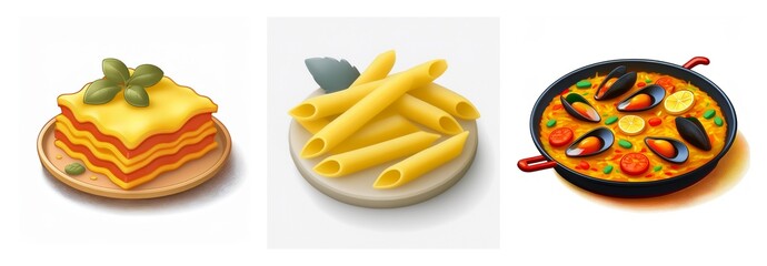 Three dishes: cheesy lasagna topped with basil, penne pasta, and seafood paella in a pan, showcasing diverse culinary delights.