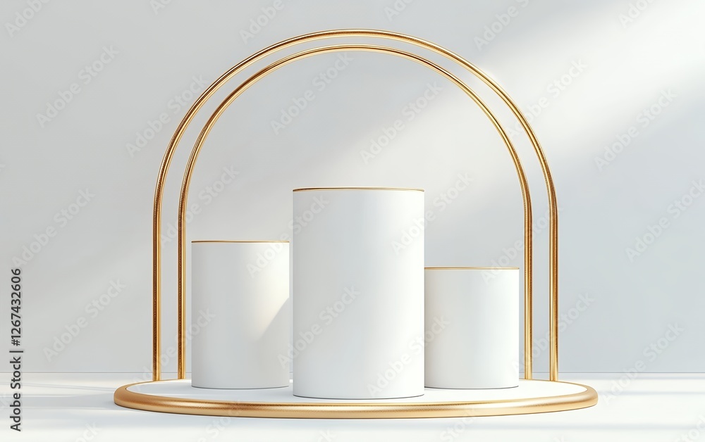 Poster white cylindrical pedestals with gold edges inside a golden arch display, creating a stylish and mod