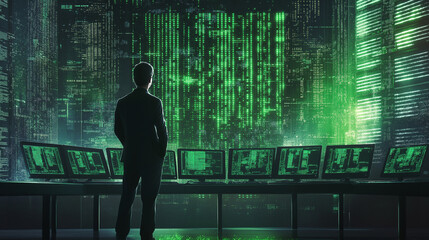 IT security specialist in a cyber-themed control room, standing near multiple security monitor screens with green digital codes