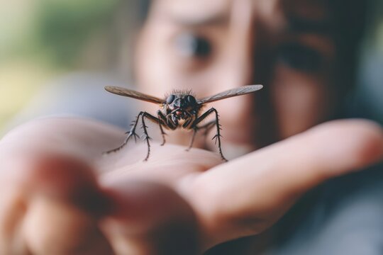 Person exhibiting fear and surprise while facing a bug on their hand in a minimalist setting of nature
