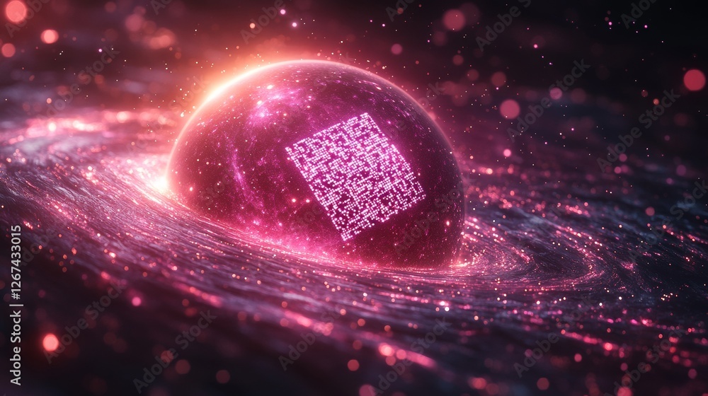Poster glowing pink qr code embedded in a cosmic sphere within a swirling galaxy.