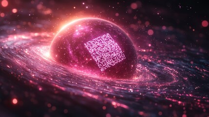 Glowing pink QR code embedded in a cosmic sphere within a swirling galaxy.